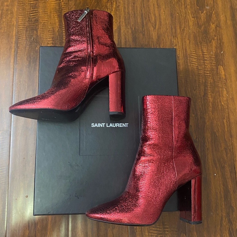 Saint Laurent Metal Crack Metal Barolo Booties Size 38.5. 3 1/2 inch heel